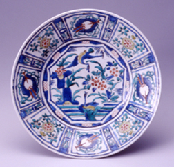 陶芸中国美術 清初期染付 芙蓉手花鳥文中皿 直径約20cm 美品 初期
